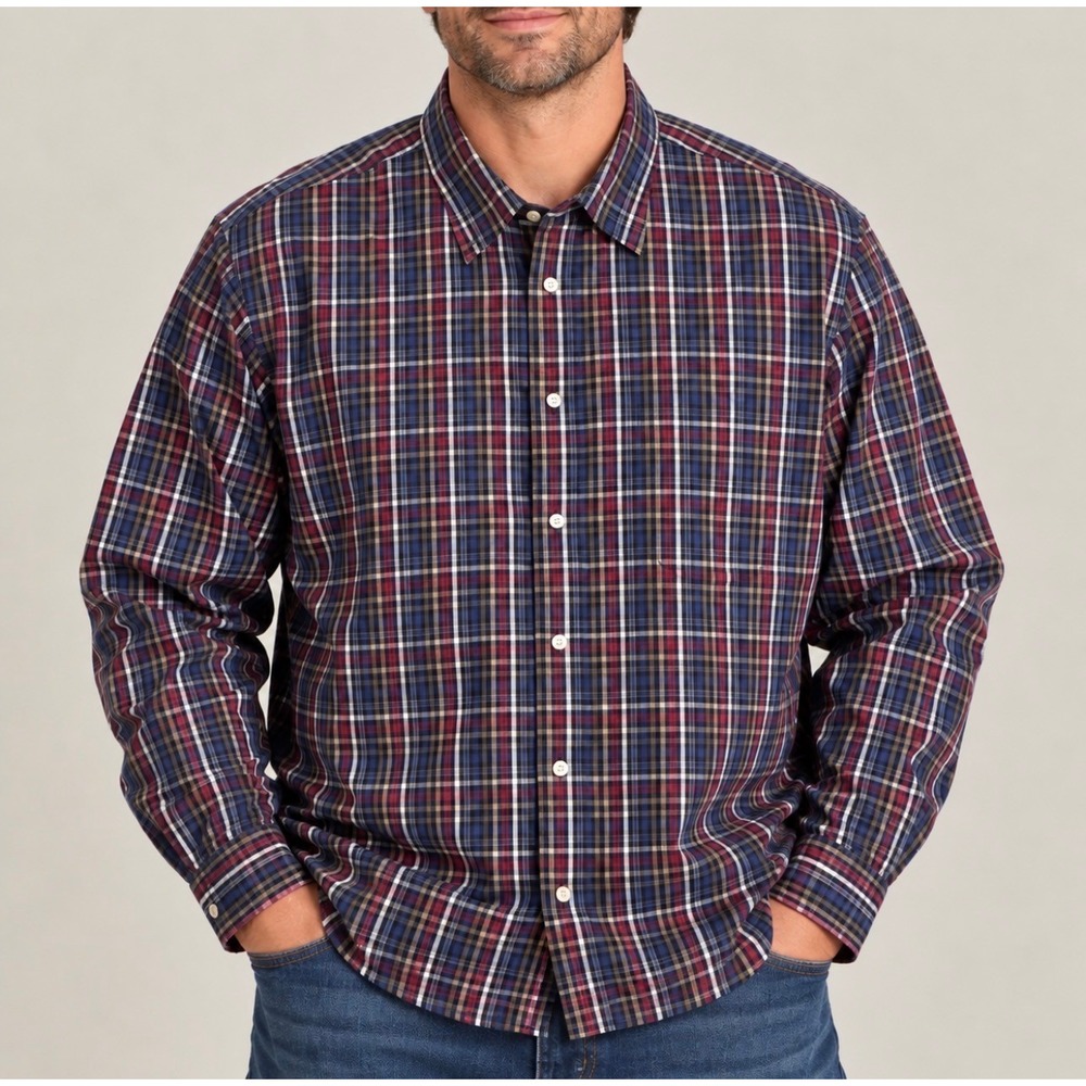 Roundtree & Yorke Gold Label Men XXL Blue Plaid Good Non-Iron Cotton Long Sleeve